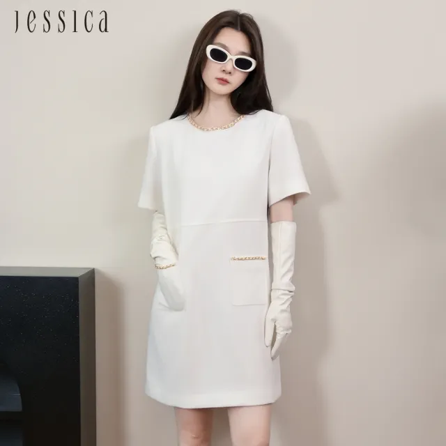 【JESSICA】簡約氣質小香風鏈條邊圓領短袖洋裝J54702(白)