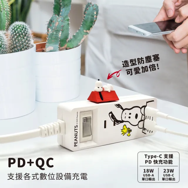 【SNOOPY 史努比】1開3插2埠USB/Type-C 快充延長線 1.2M(附紅屋造型防塵塞)