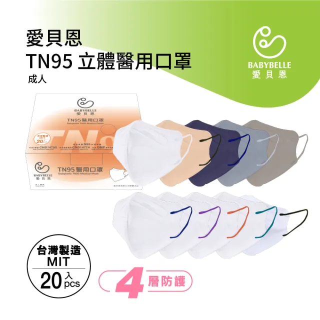 【BABYBELLE 愛貝恩】MIT成人TN95/D2立體醫用口罩(20入)