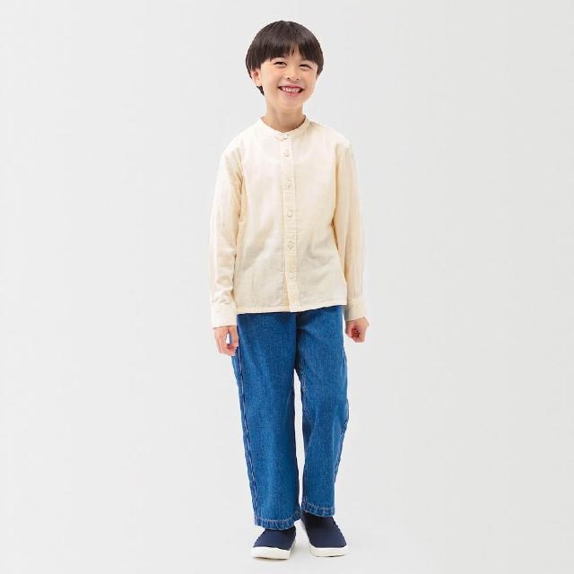 【MUJI 無印良品】兒童二重紗織長袖立領襯衫(原色/深灰直紋)