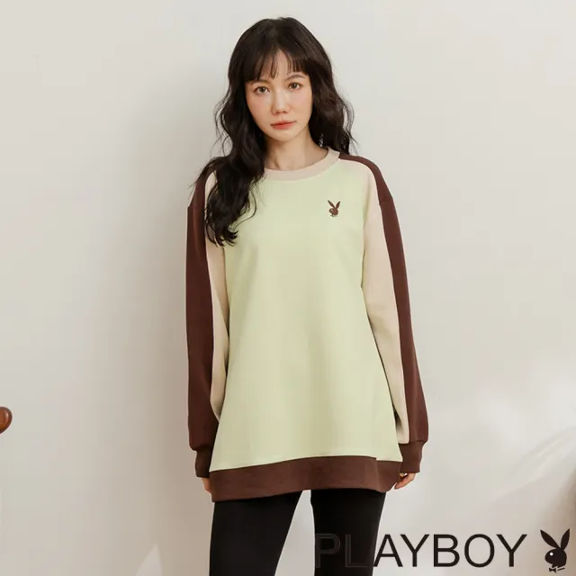 【PLAYBOY】嫩綠色流線拼接長上衣(嫩綠色)