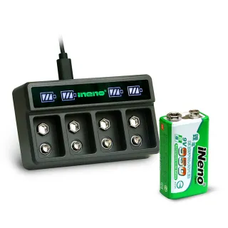 【iNeno】9V-950可充式鋰電池-1入 + 9V鋰電/鎳氫 AI智能 LED顯示充電器-四槽
