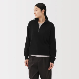【MUJI 無印良品】女鬆餅紋半拉鍊圓領衫(黑色 原色 粉米 淺藍)