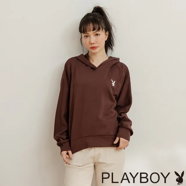 【PLAYBOY】短版後打折連帽上衣(紅咖啡色)