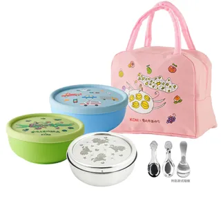 【KOM】矽膠/不鏽鋼兒童雙層隔熱碗3入組(碗*3+304湯匙*3+便當袋*1 信誼聯名/嘉年華/童趣系列)
