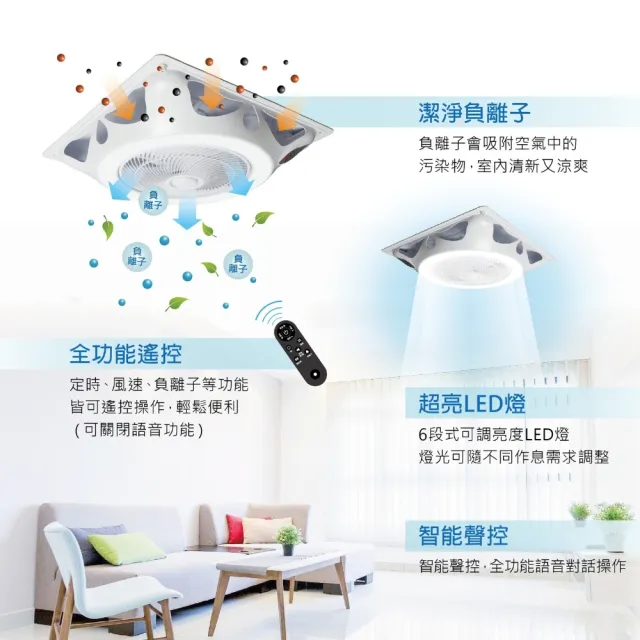 【勳風】14吋DC直流負離子AI語音聲控遙控循環吸頂扇/LED照明燈扇/輕鋼架專用(HFB-K7996)