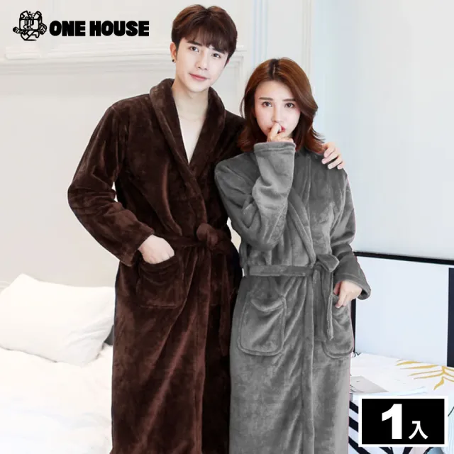 【ONE HOUSE】韓版升級加厚法蘭絨親膚睡袍 加長多色選 刷毛保暖睡衣發熱衣(1入)