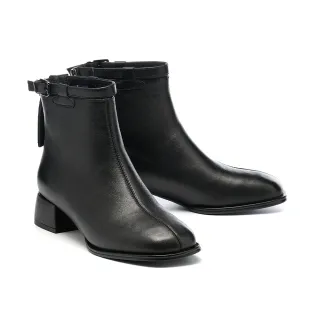 【HELENE_SPARK】別致時尚方釦繫帶羊皮方頭高跟短靴(黑)