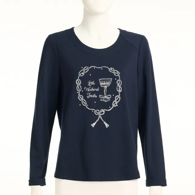 【ILEY 伊蕾】珍珠刺繡縲縈長袖上衣(深藍；M-2L；1253311201)