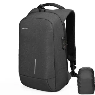 【leaper】防潑水防盜密碼鎖USB充電附防雨罩15.6吋電腦後背包 深灰色(筆電包)