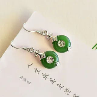 【LEESA】天然碧玉\琵琶造型\細緻造型\復古氣息\耳墜\碧玉飾品\福字耳墜\和田玉材質\純銀飾