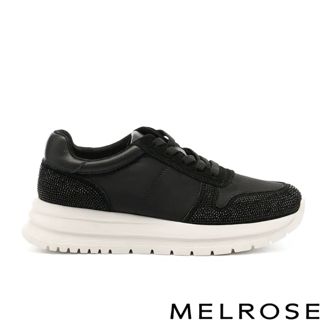 【MELROSE】美樂斯 精緻率性晶鑽彈性鞋帶異材質厚底休閒鞋(黑)