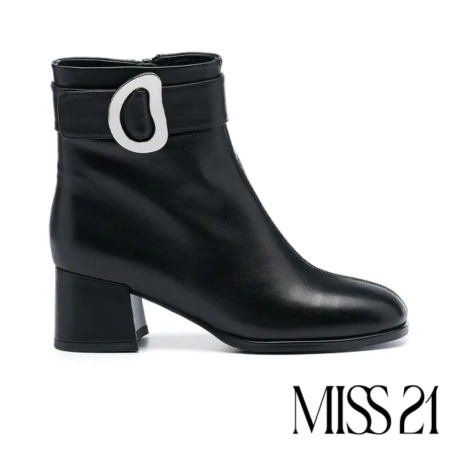 【MISS 21】復古時髦扭曲大釦牛皮方頭高跟短靴(黑)