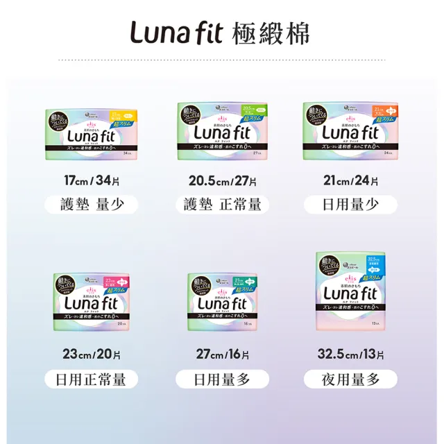 【日本大王】elis愛麗思純淨裸肌/新升級Luna fit極緞棉超薄款17-36cm_衛生棉3入組(36-102片)