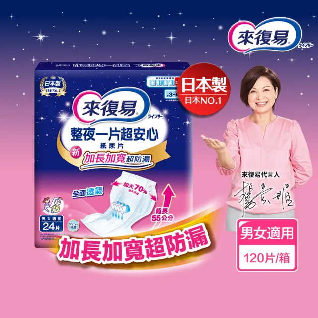【來復易】整夜一片超安心紙尿片120片/箱(加長加寬超防漏)