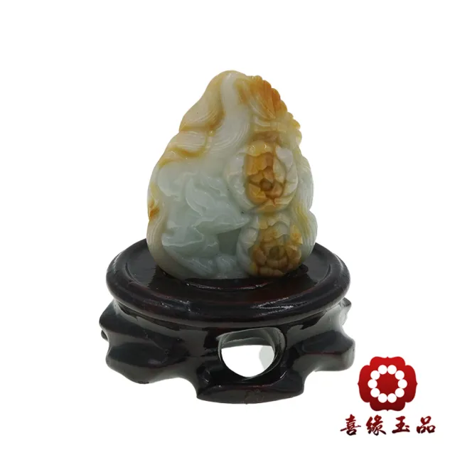 【喜緣玉品】九尾狐仙 天然翡翠A貨 大馬坎 春嘻牡丹 風水擺設 擺件-僅此一品(開運風水)(直)