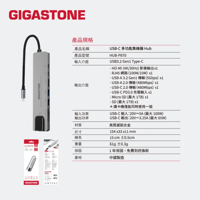 【Gigastone 立達國際】8合1 USB-C多功能集線器 HUB-P870 2入組(iPad手機投影/網路接口/Mac轉USB讀卡機)