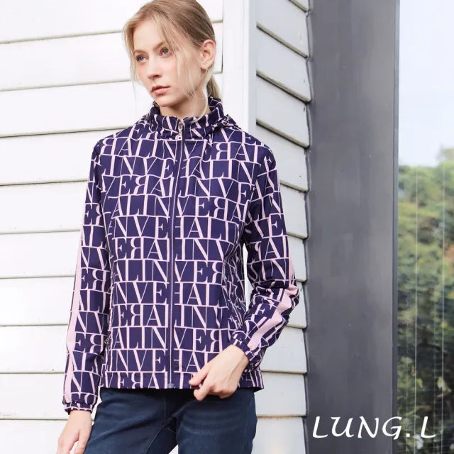 【LUNG.L 林佳樺】LS93C60 藍紫色滿版字母連帽長袖休閒女裝外套(秋冬新品 加大尺碼)