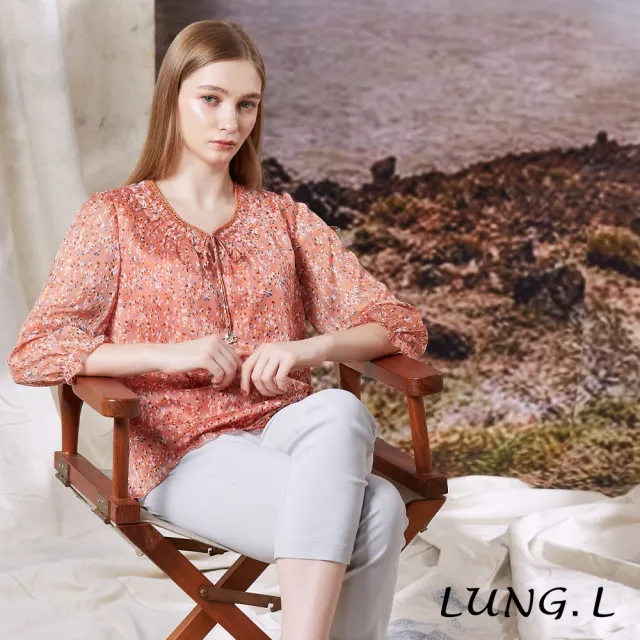 【LUNG.L 林佳樺】LT33A 橘色小碎花領綁結雪紡七分袖女裝上衣(秋冬新品)