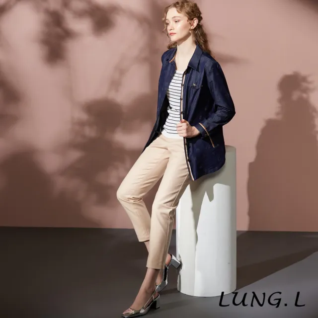 【LUNG.L 林佳樺】LT51A 藍色仿牛仔壓紋搭配織帶長版長袖女裝襯衫(秋冬新品 加大尺碼)