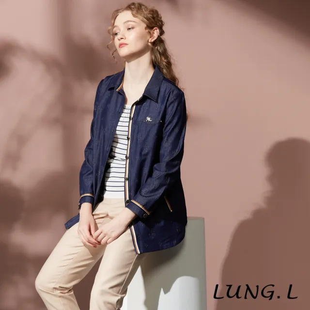 【LUNG.L 林佳樺】LT51A 藍色仿牛仔壓紋搭配織帶長版長袖女裝襯衫(秋冬新品 加大尺碼)