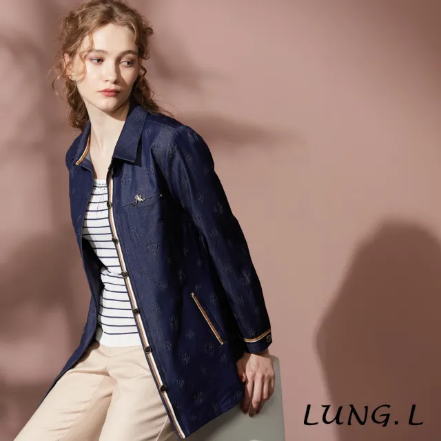 【LUNG.L 林佳樺】LT51A 藍色仿牛仔壓紋搭配織帶長版長袖女裝襯衫(秋冬新品 加大尺碼)