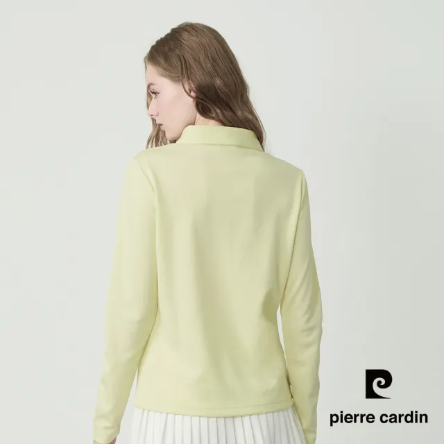 【pierre cardin 皮爾卡登】網路獨家 女款 吸濕排汗印花襯衫領長袖POLO衫-檸檬黃色(8255292-52)