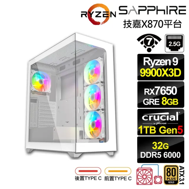 【AMD 超微】R9十二核RX 7650 GRE 8G{奧丁T2CC}水冷電競電腦(R9 9900X3D/技嘉X870/32G D5/1TB/WIFI)