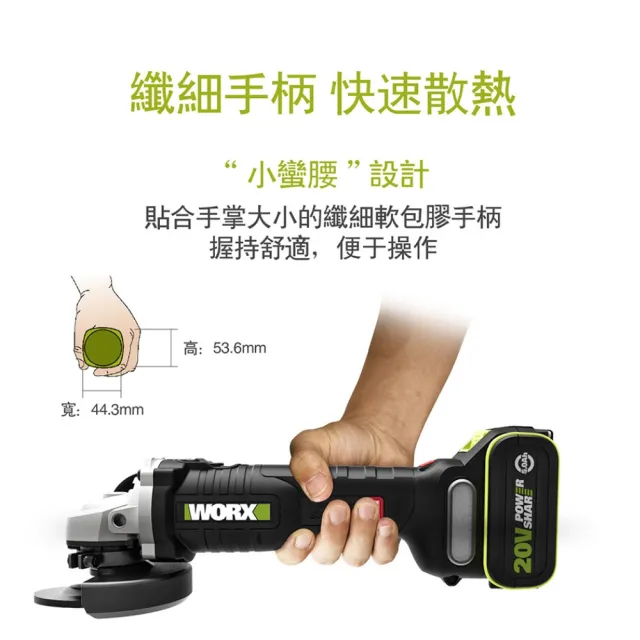 【WORX 威克士】20V 100mm 鋰電無刷平面砂輪機-雙電池套裝組(WU808)