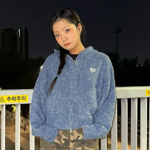 【Mark Gonzales】女裝 GONZ 短版拉鍊針織連帽外套-深藍色