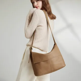 【A&L 老工匠】真皮頭層牛皮百搭大容量柔軟托特包側背斜背包(真皮包包 茶杏色)