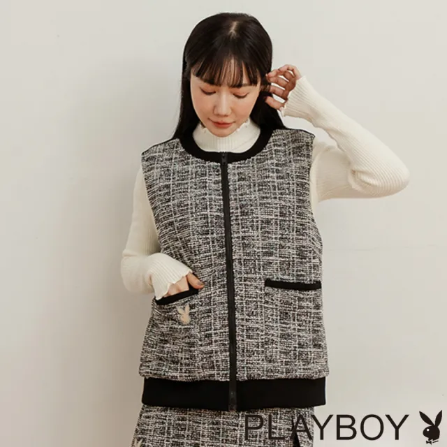 【PLAYBOY】輕奢小香風絨毛背心(黑色)