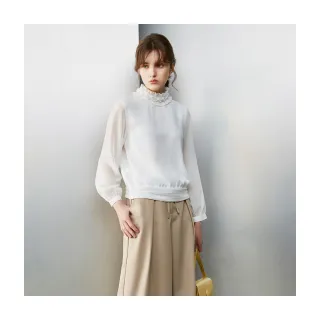 【Le Polka】荷葉領珍珠雪紡上衣-女