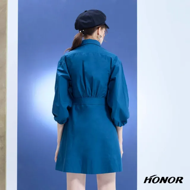 【HONOR 山形屋】出清品 翻領排釦口袋七分袖洋裝-藍(限定出清)