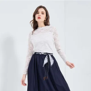 【HONOR 山形屋】緹花蕾絲花卉拼接長袖上衣-白/黑