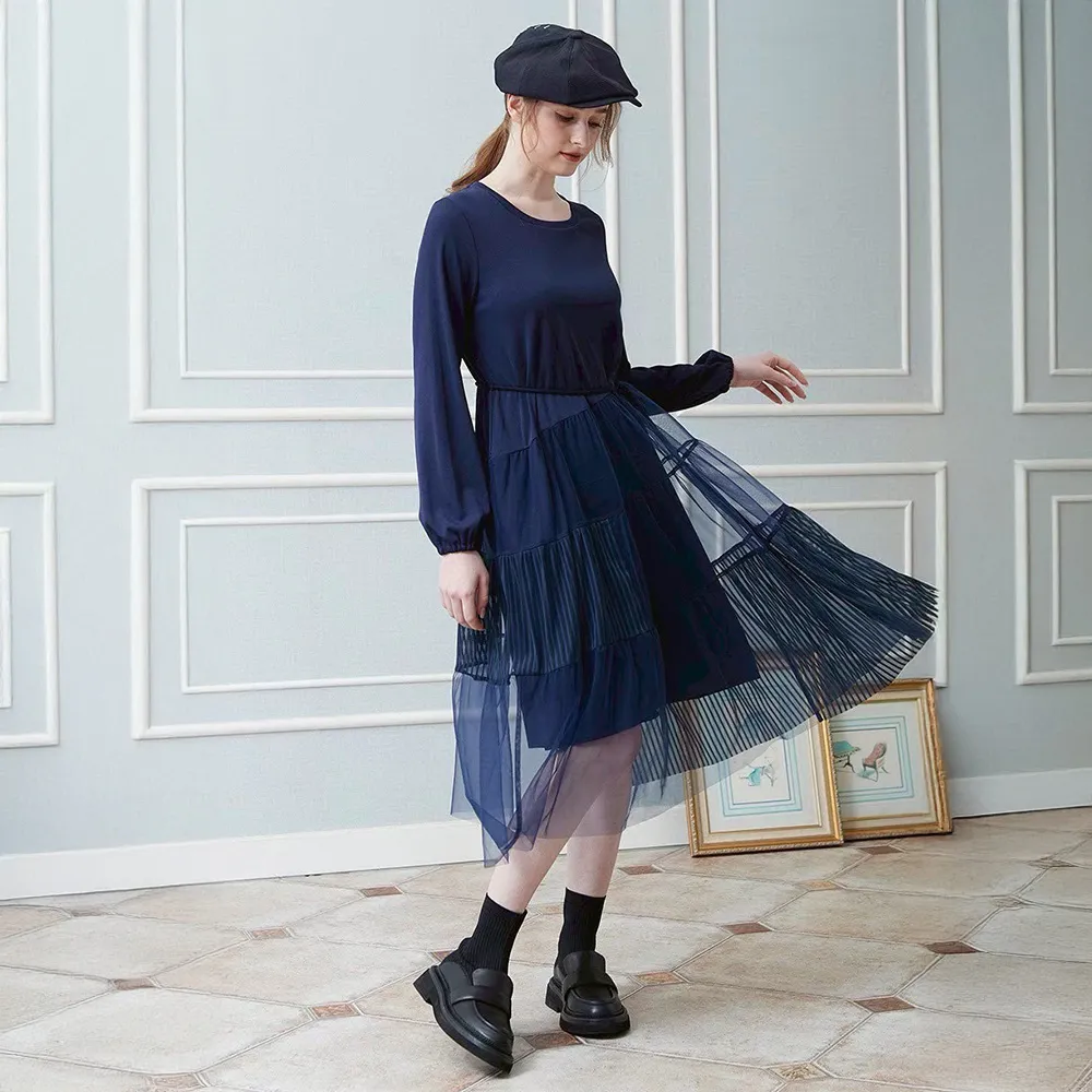 【ICHE 衣哲】Cop.Copine 法國原裝進口網紗層次拼接長袖洋裝