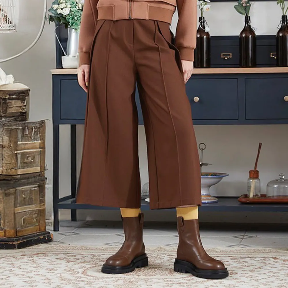 【ICHE 衣哲】Cop.Copine 法國原裝進口焦糖褲管壓線寬褲