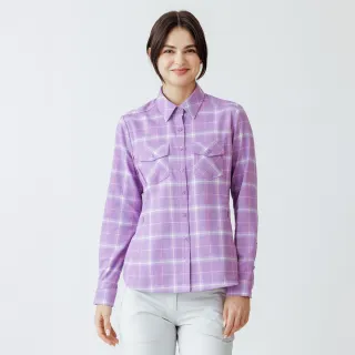 【Hilltop 山頂鳥】吸濕快乾保暖彈性長袖格子襯衫 女款 紫白格｜PC05XF25ECJY
