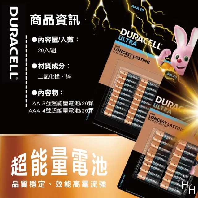 【DURACELL 金頂】超能量電池 三號/四號 款式任選(20入/組)
