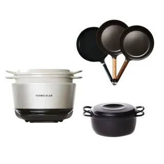 【Vermicular】IH MINI鑄鐵電子鍋-白+24CM平底鍋+19CM湯鍋(電子鍋/IH電子鍋/鑄鐵鍋/萬用鍋/平底鍋/不沾鍋)