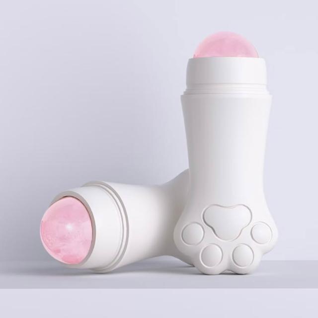 天然玫瑰石英石貓掌滾珠導入器(眼周按摩 眼下 臉部 美容儀 玉石滾輪 保養品導入儀 禮物)