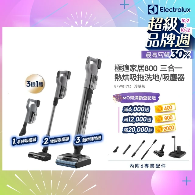 【Electrolux 伊萊克斯】極適家居800 三機一體熱烘吸拖洗地機/吸塵器(EFW81713 冷峽灰)