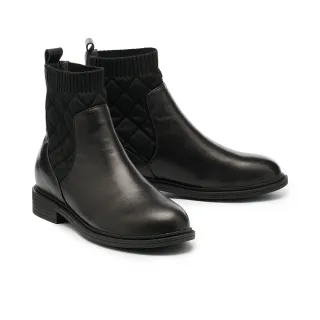 【MELROSE】美樂斯 簡約率性飛織布拼接牛皮低跟短靴(黑)