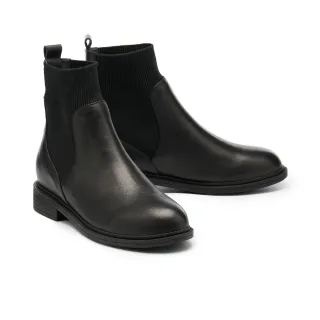 【MELROSE】美樂斯 簡約率性飛織布拼接牛皮低跟短靴(黑)