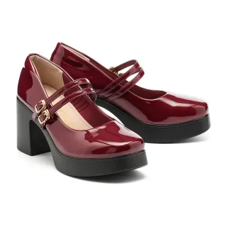 【MELROSE】美樂斯 前衛復古亮感雙繫帶瑪莉珍防水台高跟鞋(紅)