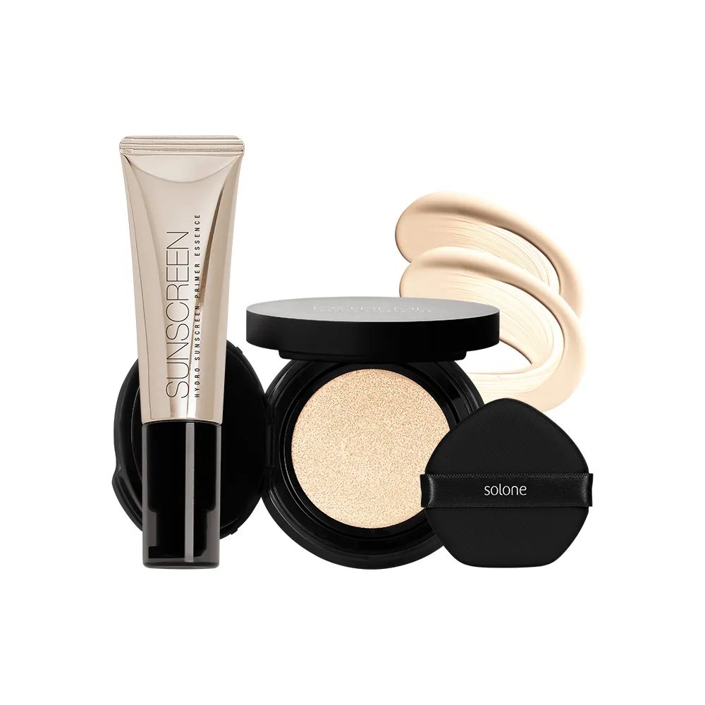 【Solone】防曬持妝組(防曬補水柔焦妝前精華+裸肌氣墊粉餅)