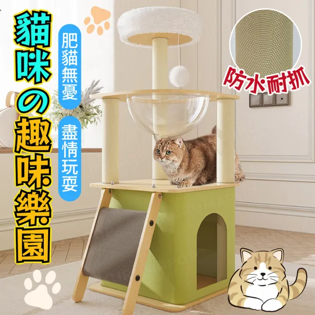【kurumapop】原木紋綠屋貓爬架(貓抓板/貓咪跳台/逗貓球/貓太空艙/貓抓柱/貓窩貓屋)