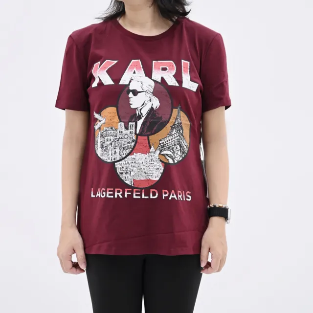 【KARL LAGERFELD 卡爾】老佛爺公仔巴黎地標圖案個性棉短T(酒紅)