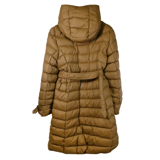 【BURBERRY 巴寶莉】WITLEY 英系英倫風繫腰帶連帽長版輕便羽絨外套(咖)