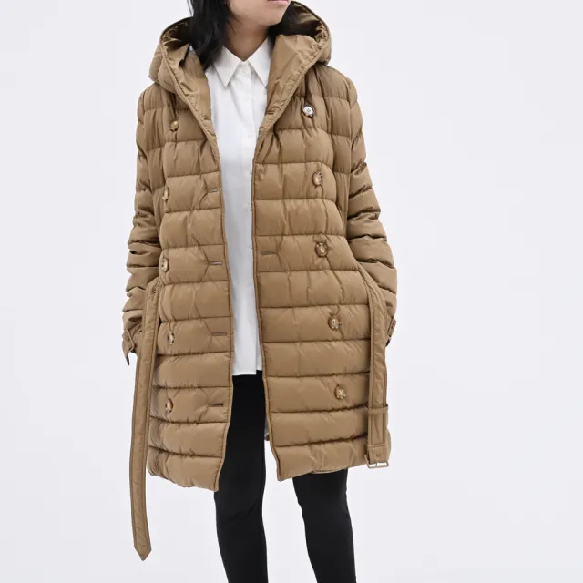 【BURBERRY 巴寶莉】WITLEY 英系英倫風繫腰帶連帽長版輕便羽絨外套(咖)（其他規格）